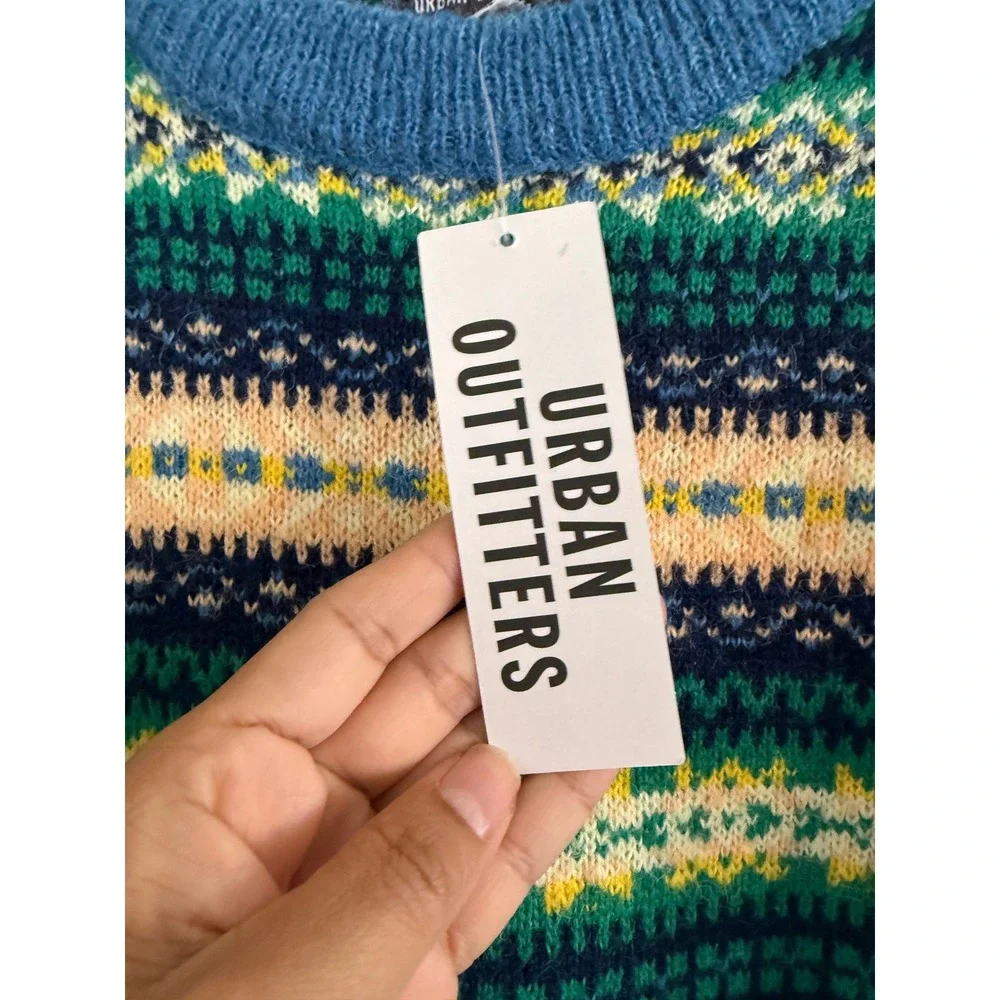 NEW Urban Outfitters Mens Fair Isle Sweater Blue Green Multi Fuzzy Knit Medium